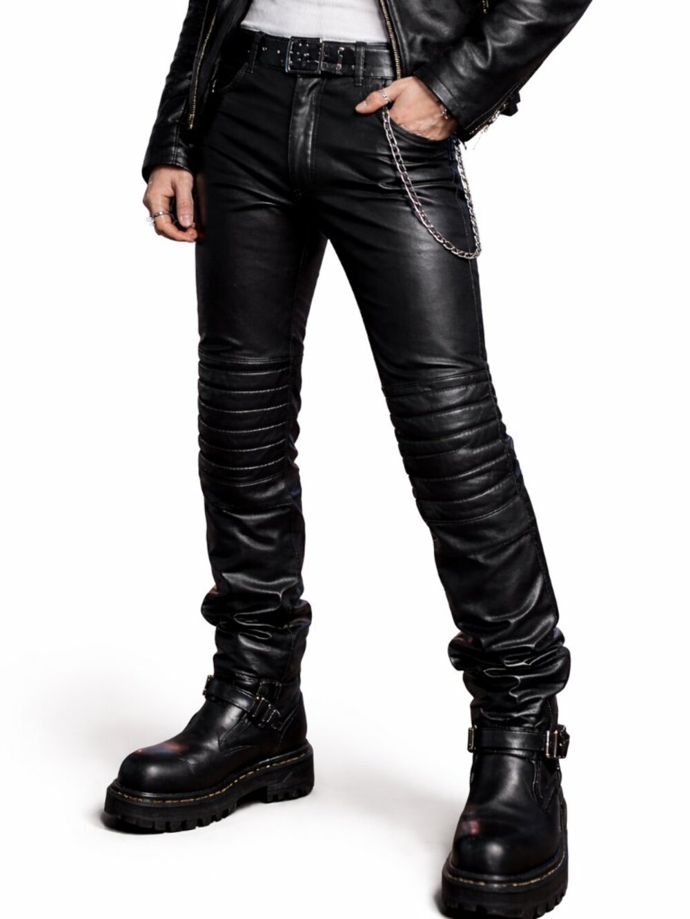 Vintage Black Leather Biker Pants Mens Size XS/S Motorcycle Quilted Knees Adjust